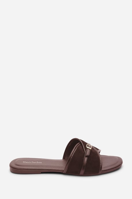 Mariva Cross Over Buckle Dark Brown Suede Slide on Sandal - Image 2