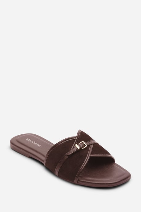 Mariva Cross Over Buckle Dark Brown Suede Slide on Sandal - Image 3