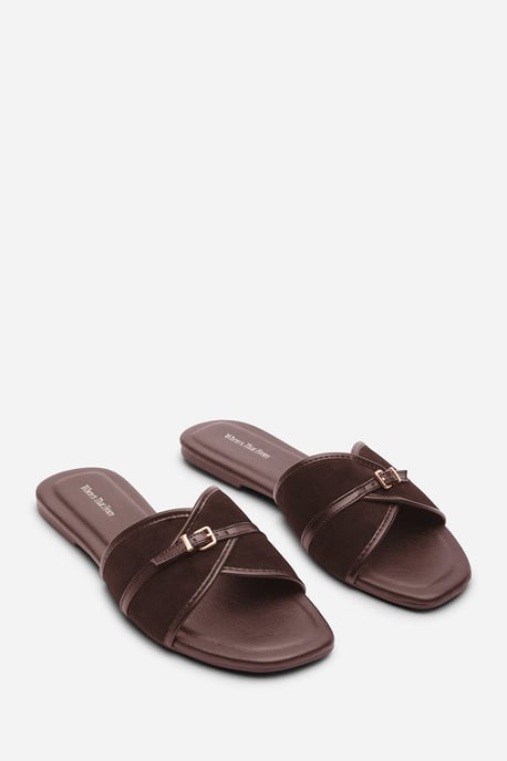 Mariva Cross Over Buckle Dark Brown Suede Slide on Sandal - Image 4
