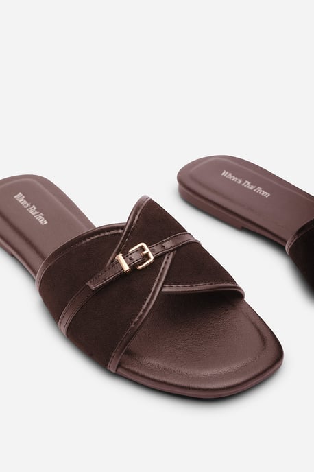 Mariva Cross Over Buckle Dark Brown Suede Slide on Sandal - Image 5