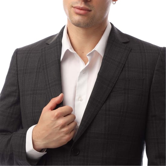 Men's Boss Plaid Patterned Notch Collared Suit Jacket in Grey - Image 3