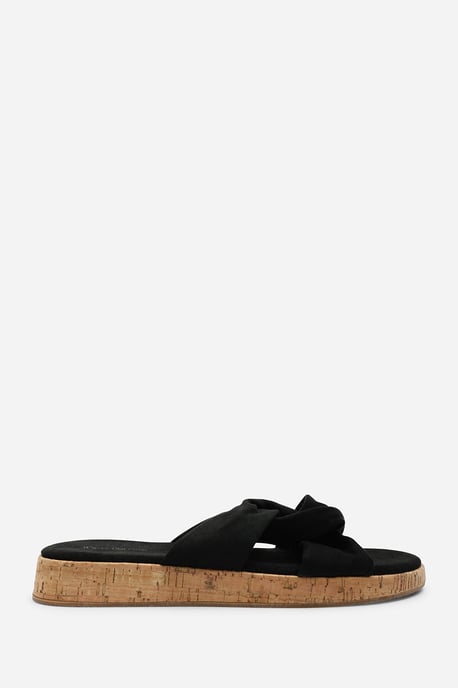 Bowite Knotted Open Toe Black Suede Low Wedge Sandal - Image 3