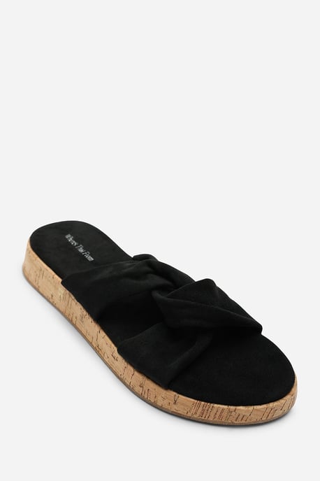 Bowite Knotted Open Toe Black Suede Low Wedge Sandal - Image 4