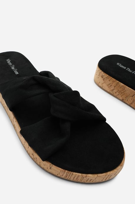 Bowite Knotted Open Toe Black Suede Low Wedge Sandal - Image 6