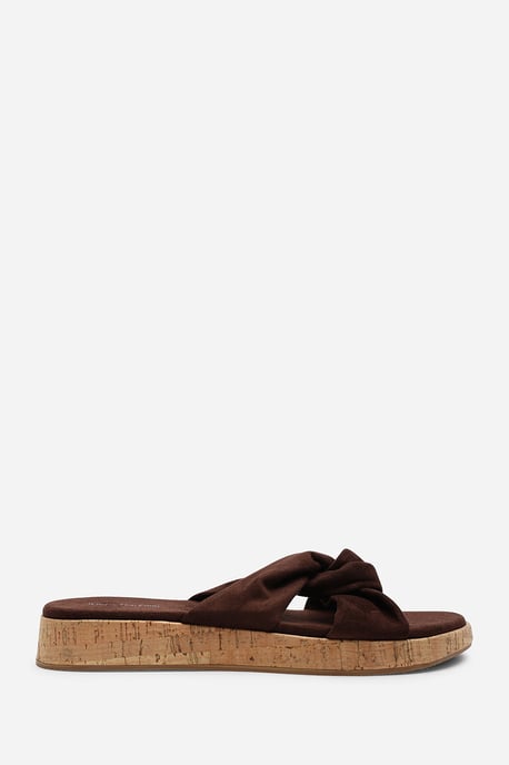 Bowite Knotted Open Toe Dark Brown Suede Low Wedge Sandal - Image 3