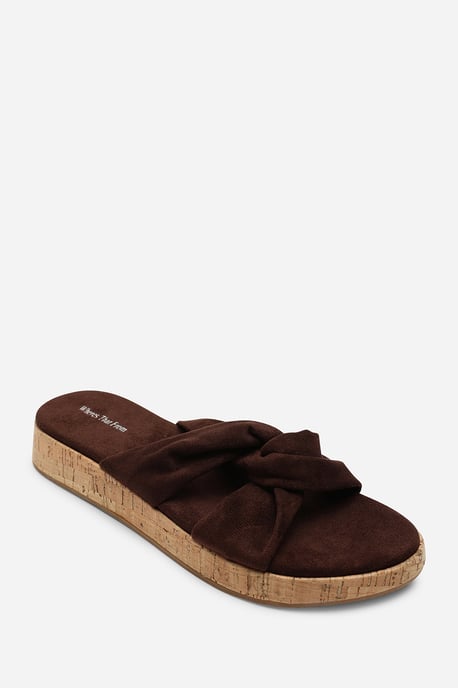 Bowite Knotted Open Toe Dark Brown Suede Low Wedge Sandal - Image 4