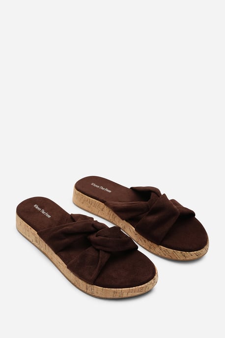 Bowite Knotted Open Toe Dark Brown Suede Low Wedge Sandal - Image 5