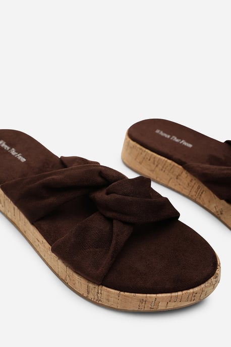 Bowite Knotted Open Toe Dark Brown Suede Low Wedge Sandal - Image 6