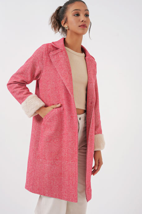 Herringbone Pattern Wool-Acrylic Coat with Shawl Collar - Image 3