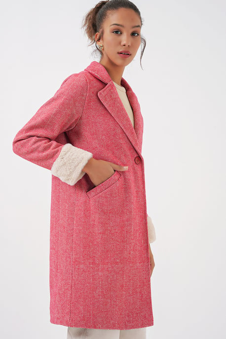 Herringbone Pattern Wool-Acrylic Coat with Shawl Collar - Image 4