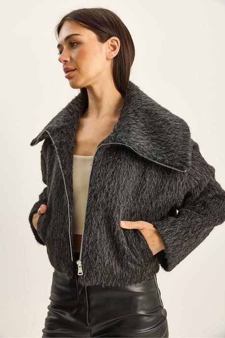 Textuurrijke Pluche Bomber met Ritsluiting - Image 2