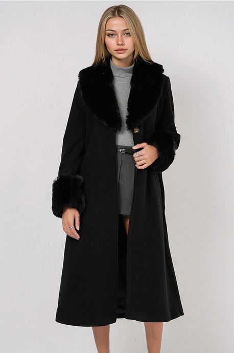 Long Fitted Faux Fur Coat with Shawl Collar - Image 1