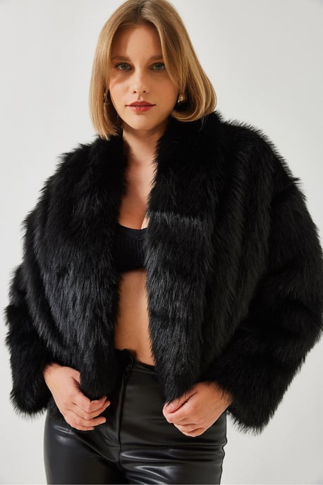 Faux Bont Cropped Open Kraag Jas - Image 3