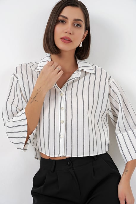 Oversized Gestreepte Cropped Shirt met Knoopsluiting - Image 3
