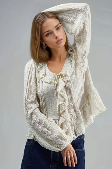 Laceshirt met V-hals en strik - Image 1