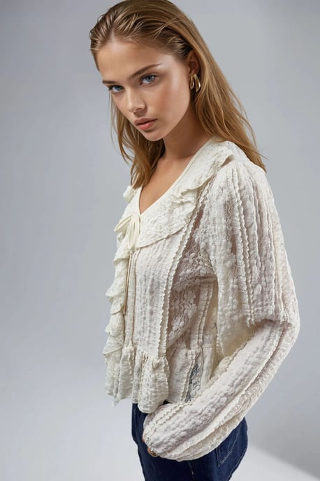 Laceshirt met V-hals en strik - Image 2