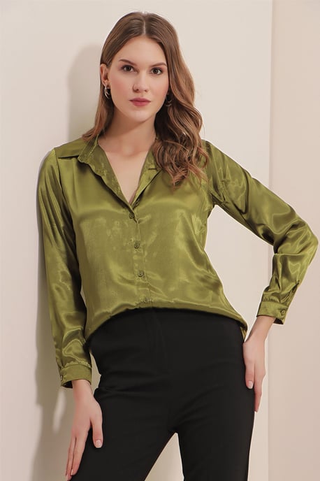 Satin Lange Mouw Knop-Up Shirt - Image 1