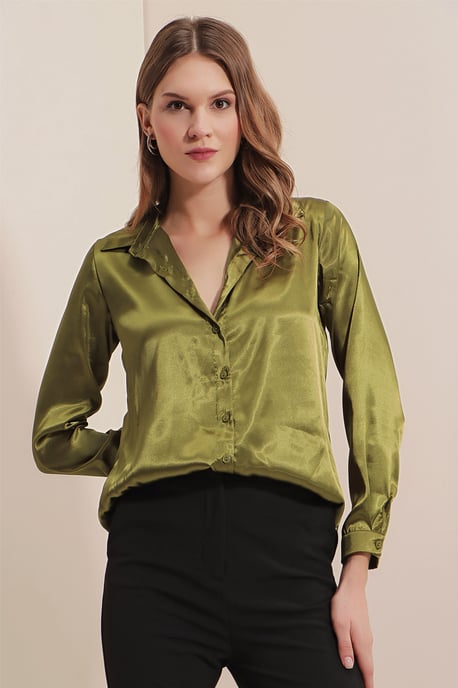 Satin Lange Mouw Knop-Up Shirt - Image 3