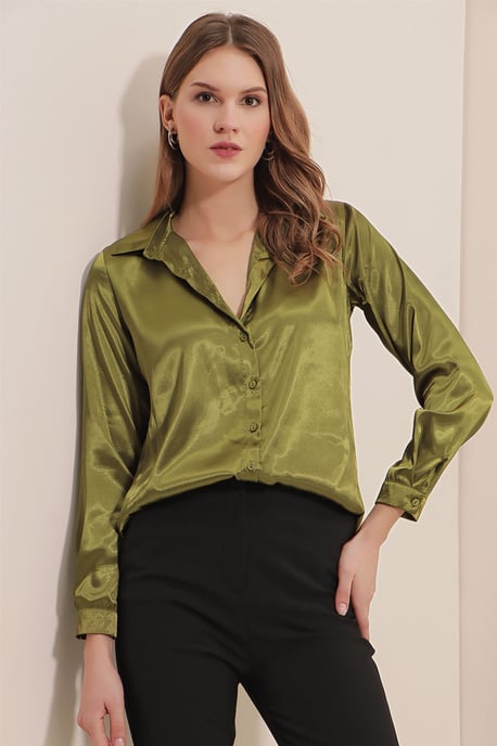 Satin Lange Mouw Knop-Up Shirt - Image 4