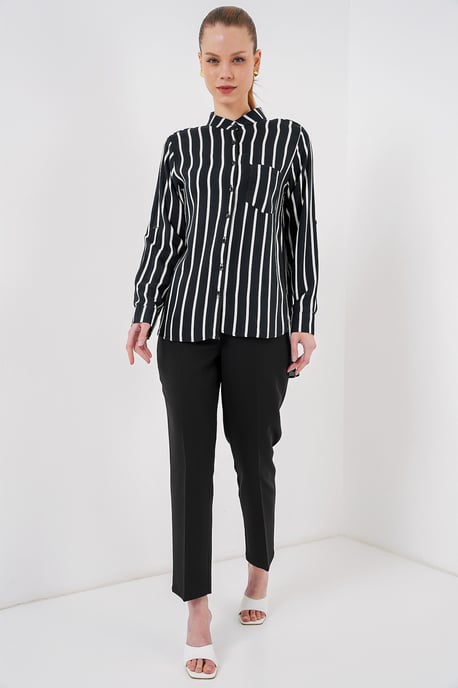 Striped Button-Up Long Sleeve Shirt with Pocket - Image 2