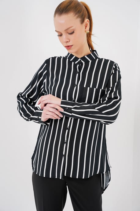 Striped Button-Up Long Sleeve Shirt with Pocket - Image 3