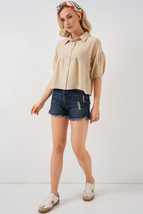 Loose-Fit Korte Knopenblouse met Kraag - Image 2
