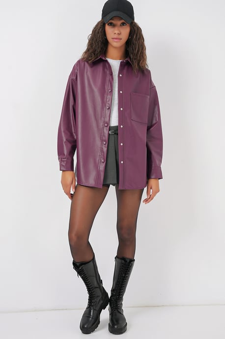Oversized Faux Leather Lange Mouwen Overhemd met Knopen en Zak - Image 2