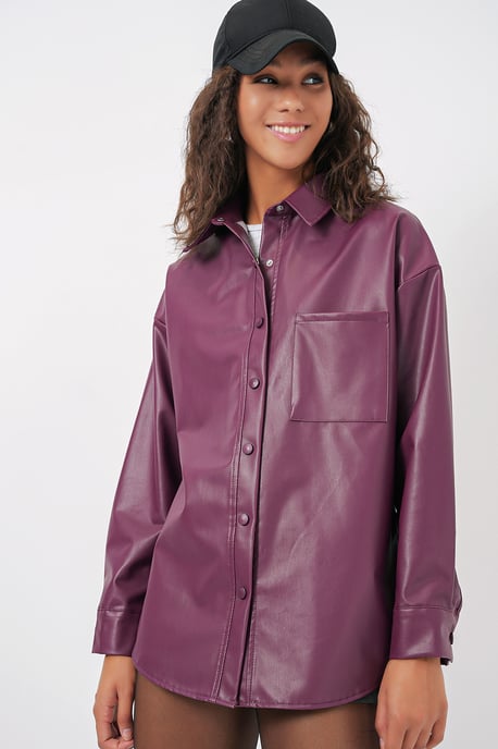 Oversized Faux Leather Lange Mouwen Overhemd met Knopen en Zak - Image 3