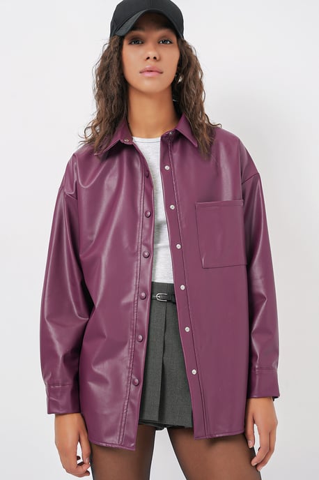Oversized Faux Leather Lange Mouwen Overhemd met Knopen en Zak - Image 4