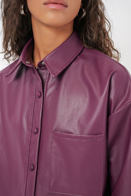 Oversized Faux Leather Lange Mouwen Overhemd met Knopen en Zak - Image 5