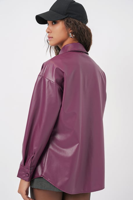 Oversized Faux Leather Lange Mouwen Overhemd met Knopen en Zak - Image 6