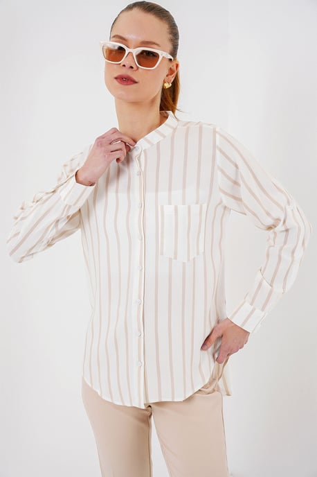 Striped Button-Up Long Sleeve Shirt with Pocket - Image 3