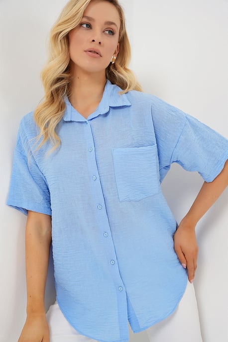 Loose Fit Linen Blend Button-Up Shirt with Pocket - Image 1