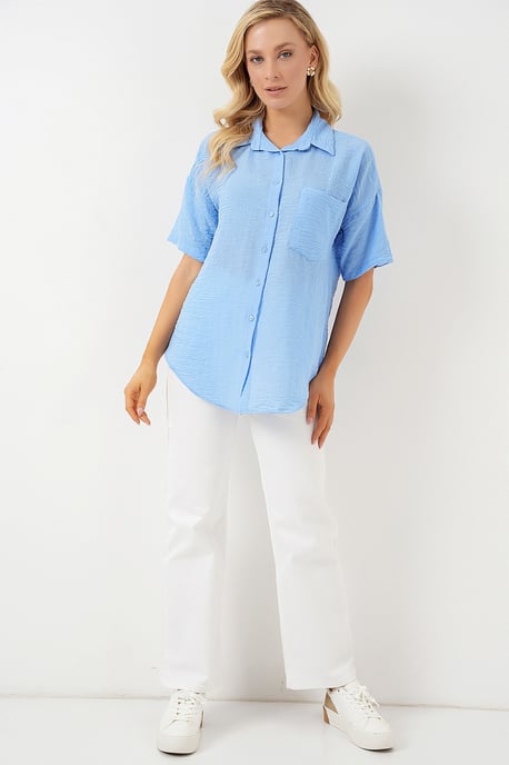 Loose Fit Linen Blend Button-Up Shirt with Pocket - Image 2