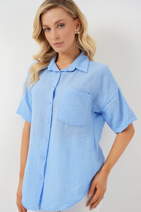 Loose Fit Linen Blend Button-Up Shirt with Pocket - Image 3