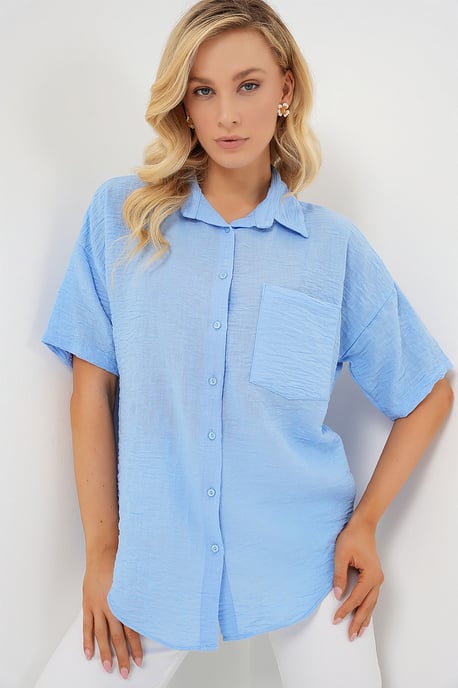Loose Fit Linen Blend Button-Up Shirt with Pocket - Image 4