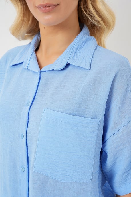 Loose Fit Linen Blend Button-Up Shirt with Pocket - Image 5