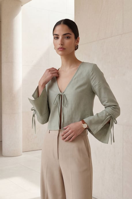 Crop Tie Detail V-Neck Linen Shirt - Image 1