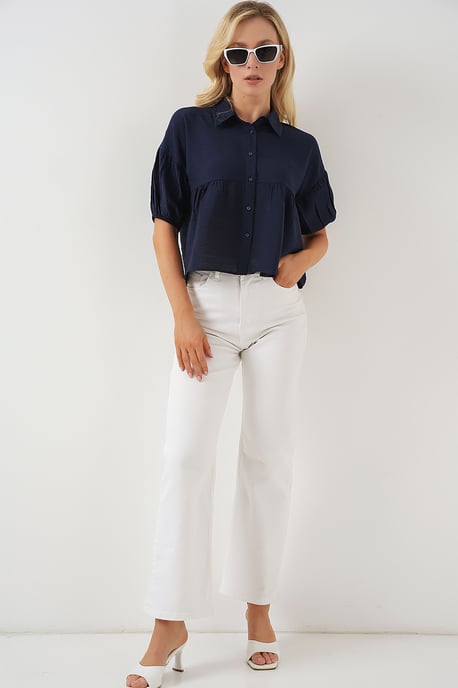 Losse Cropped Overhemd met Knopen en Shirtkraag - Image 2