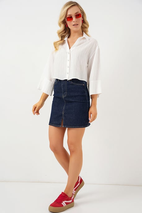 Oversized Randig Croppad Skjorta med Knappar - Image 2