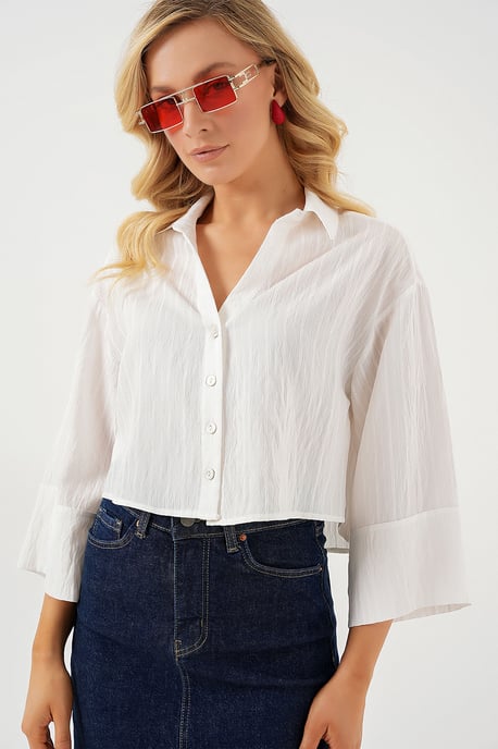 Oversized Randig Croppad Skjorta med Knappar - Image 3