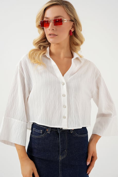 Oversized Randig Croppad Skjorta med Knappar - Image 4