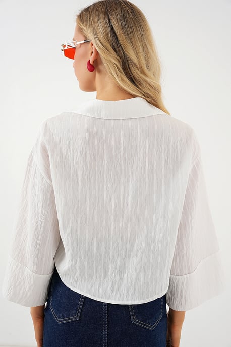 Oversized Randig Croppad Skjorta med Knappar - Image 6