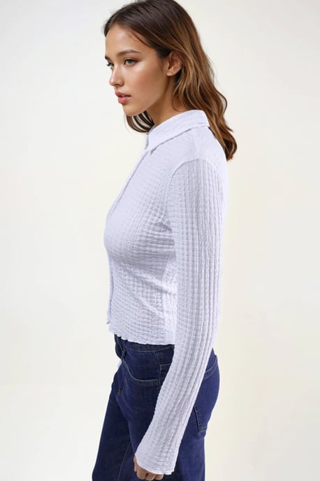 Texturerad Slim Fit Långärmad Skjorta med Knäppning - Image 3