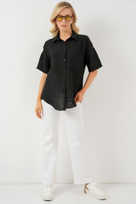 Loose Fit Linen Blend Button-Up Shirt with Pocket - Image 2
