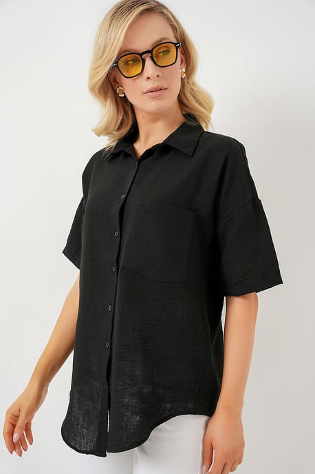 Loose Fit Linen Blend Button-Up Shirt with Pocket - Image 3
