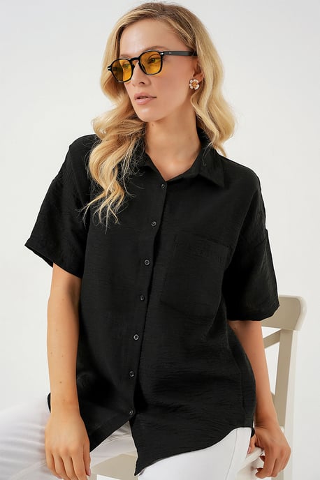 Loose Fit Linen Blend Button-Up Shirt with Pocket - Image 4