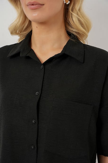 Loose Fit Linen Blend Button-Up Shirt with Pocket - Image 5
