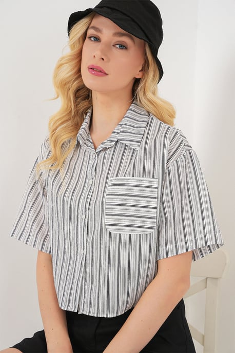 Striped Crop Shirt with Pocket - Image 3