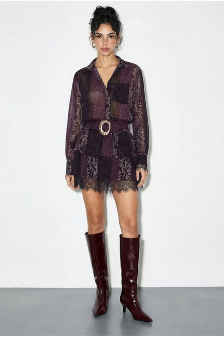 Patterned Tulle Dress with Lace Detail, Belt and Ruffles - Image 2